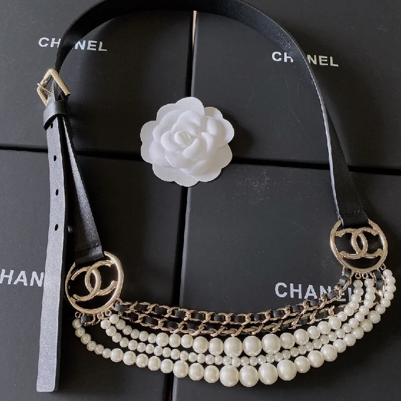 Chanel Belt With Square Metal Buckle Black Imitation Pearls With Gold-Toned Women Belt