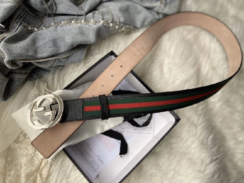 Gucci GG Web Belt With Interlocking G Buckle Green/Red Web Fabric And Black For Women. Women Belt