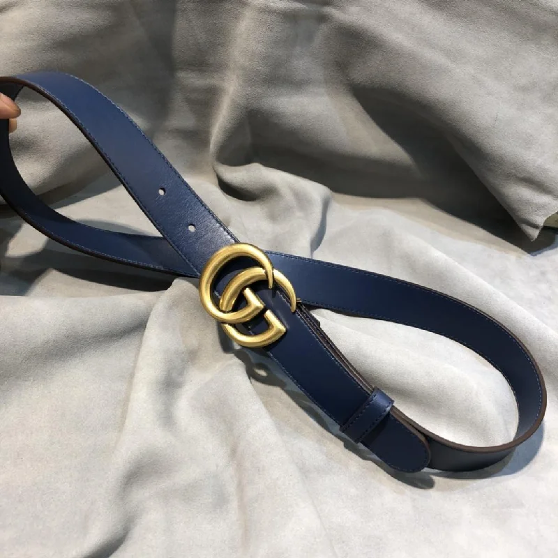 Gucci Thin Belt With Double G Buckle Blue GG. Women Belt 409417