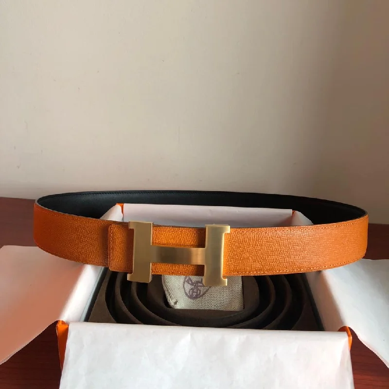 Hermes Mini Constance Guillochee Belt Buckle and Reversible Orange For Women. Women Belt