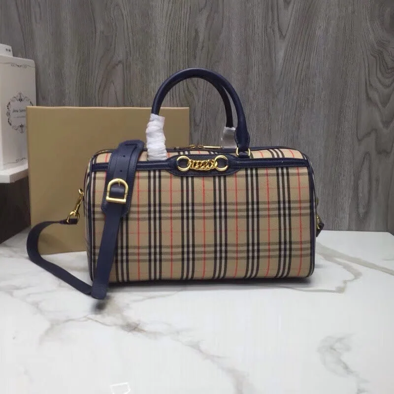 Burberry Small 1983 Check Link Bowling Bag Blue/Brown For Women. Women-s Bags 9.1in/23cm