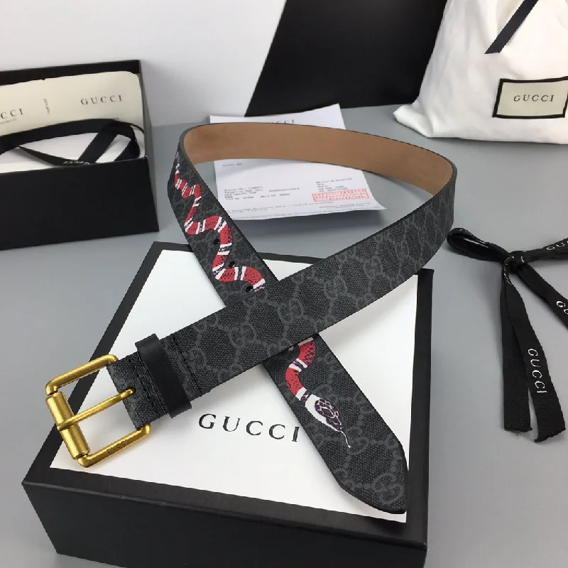 Gucci GG Belt With Kingsnake Print Black/Grey GG Supreme For Women. Women Belt 434520 K5O1N 1087