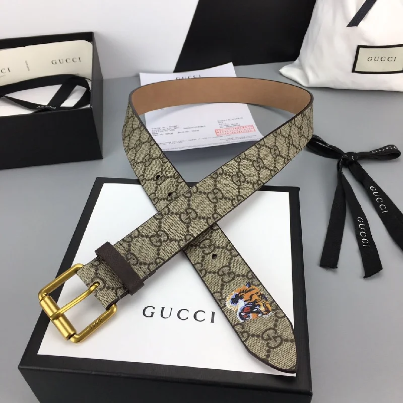 Gucci GG Supreme Belt With Tiger Print Beige/Ebony GG Supreme Canvas For Women. Women Belt