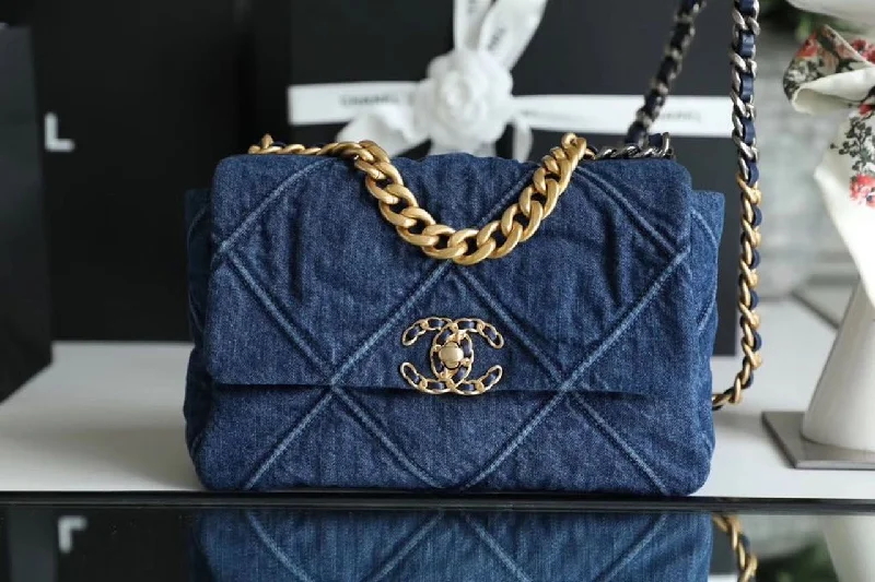 Chanel 19 Handbag Denim Blue For Women. Women-s Flap Bag. Shoulder And Crossbody Bags 10.1in/26cm AS1160 B02876 N6832