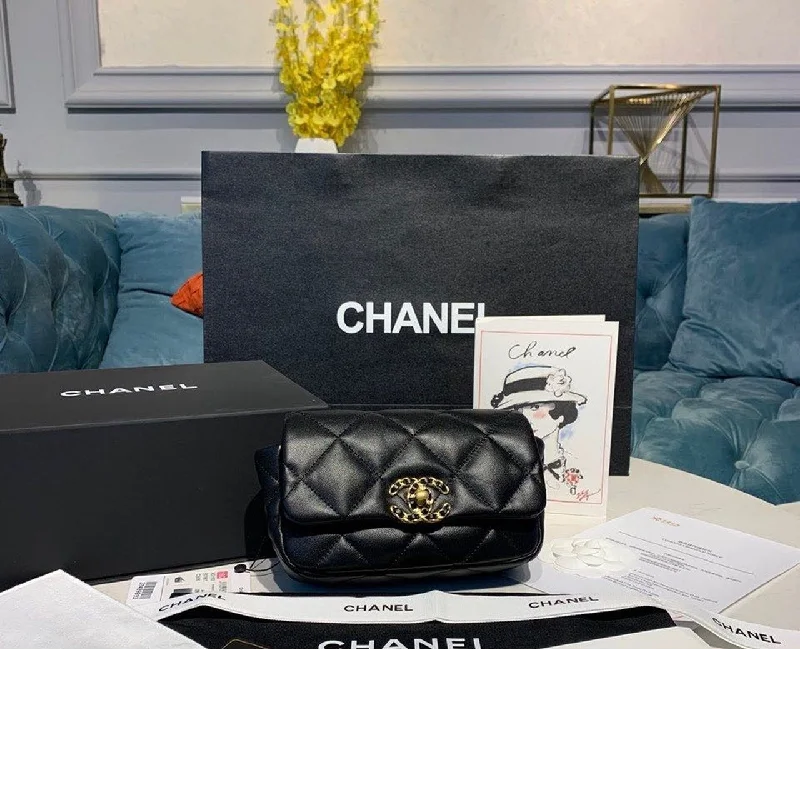 Chanel 19 Waist Belt Bag 18cm Lambskin Leather Gold Hardware Cruise Classic Collection.  Black