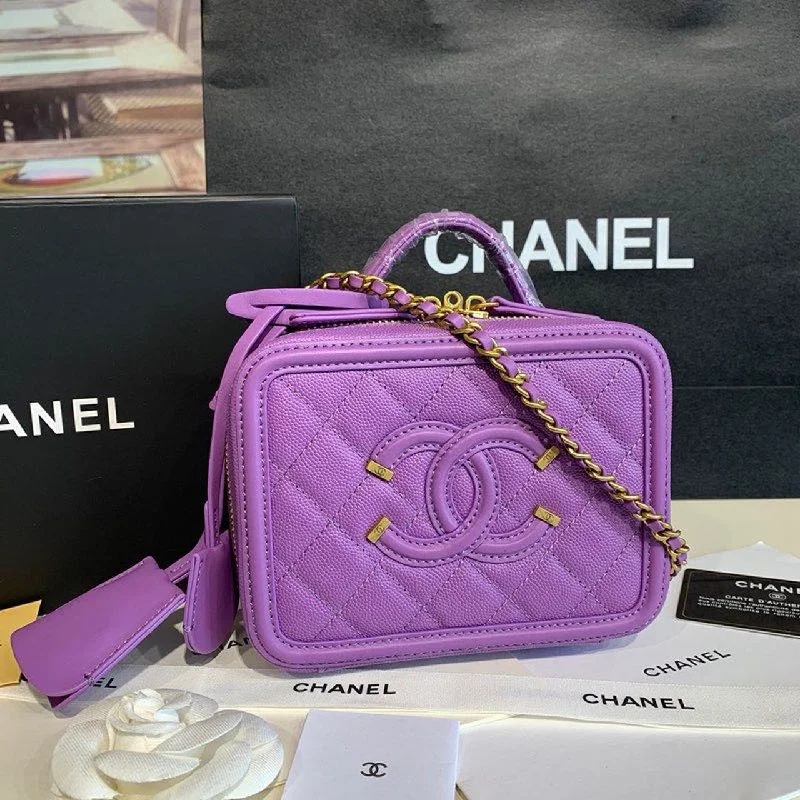 Chanel CC Filigree Vanity Case Bag 18cm Gold Toned Hardware Caviar Leather Spring/Summer Act 1 Collection. Purple