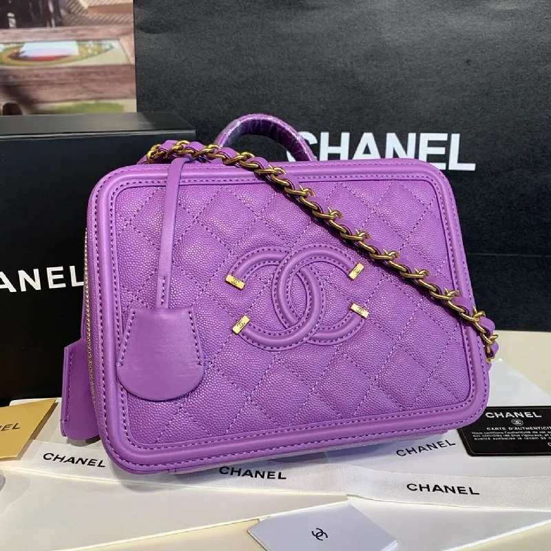 Chanel CC Filigree Vanity Case Bag 20cm Gold Toned Hardware Caviar Leather Spring/Summer Act 1 Collection. Purple