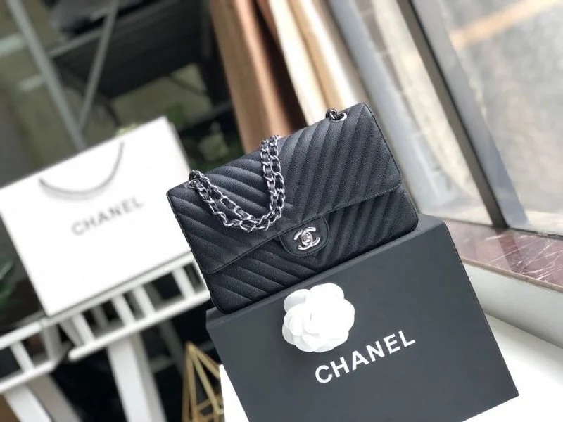 Chanel Chevron Classic Handbag Silver Hardware Black For Women. Women-s Bags. Shoulder And Crossbody Bags 10.2in/26cm