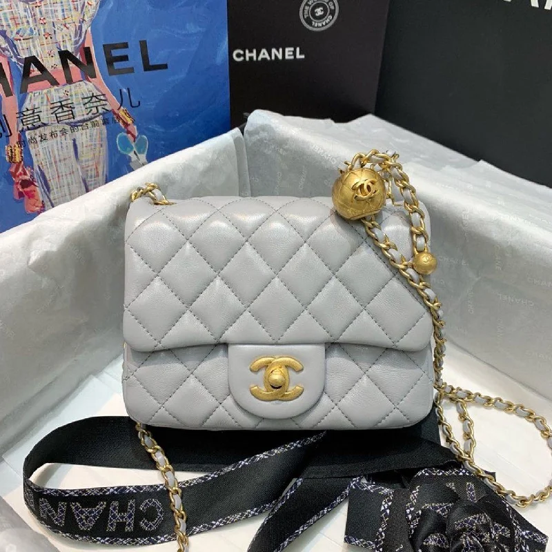 Chanel Classic Flap With Charm Chain With CC Details On Strap Bag 17cm/7inch Gold Hardware Grey