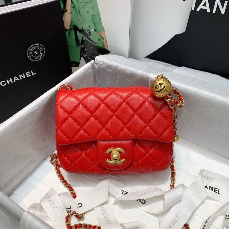 Chanel Classic Flap With Charm Chain With CC Details On Strap Bag 18cm Gold Hardware Lambskin Leather Spring/Summer Collection. Red