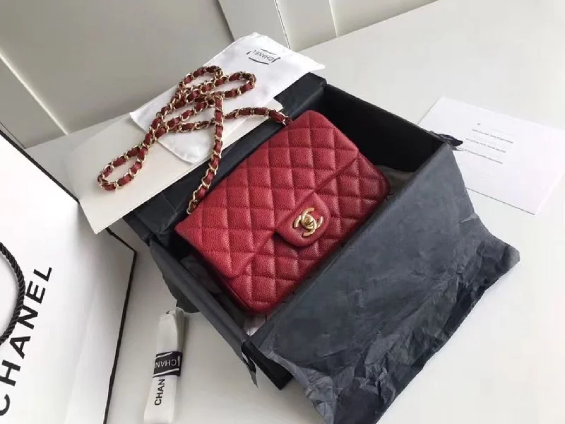 Chanel Classic HandBag With Charm Chain CC Gold Toned Hardware Red For Women