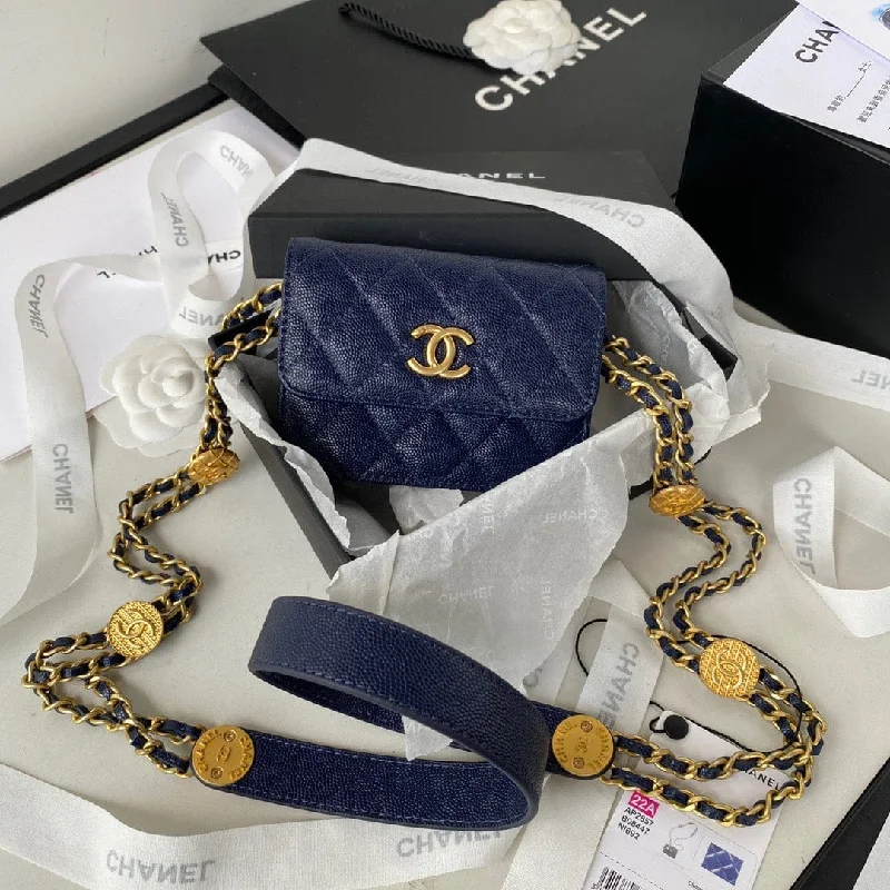 Chanel Clutch With Chain Gold Hardware Grained Shinny Navy Blue For Women. Women-s Handbags. Shoulder Bags 4.7in/12cm AP2857