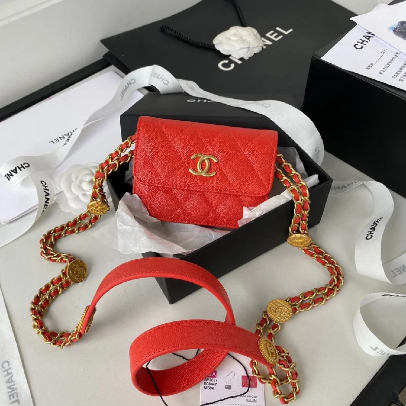 Chanel Clutch With Chain Gold Hardware Grained Shinny Red For Women. Women-s Handbags. Shoulder Bags 4.7in/12cm AP2857