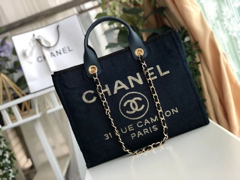 Chanel Deauville Tote Canvas Bag Dark Blue For Women 14.9in/38cm