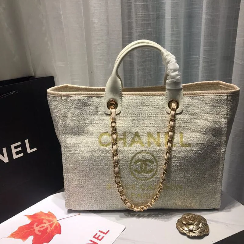 Chanel Deauville Tote Tweed Canvas Bag Fall/Winter Collection. Beige/Cream/Gold/Multi For Women 15in/38cm