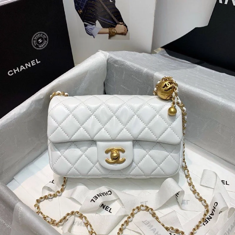 Chanel Flap Bag With CC Ball On Strap White For Women. Women-s Handbags. Shoulder And Crossbody Bags 7.8in/20cm AS1787