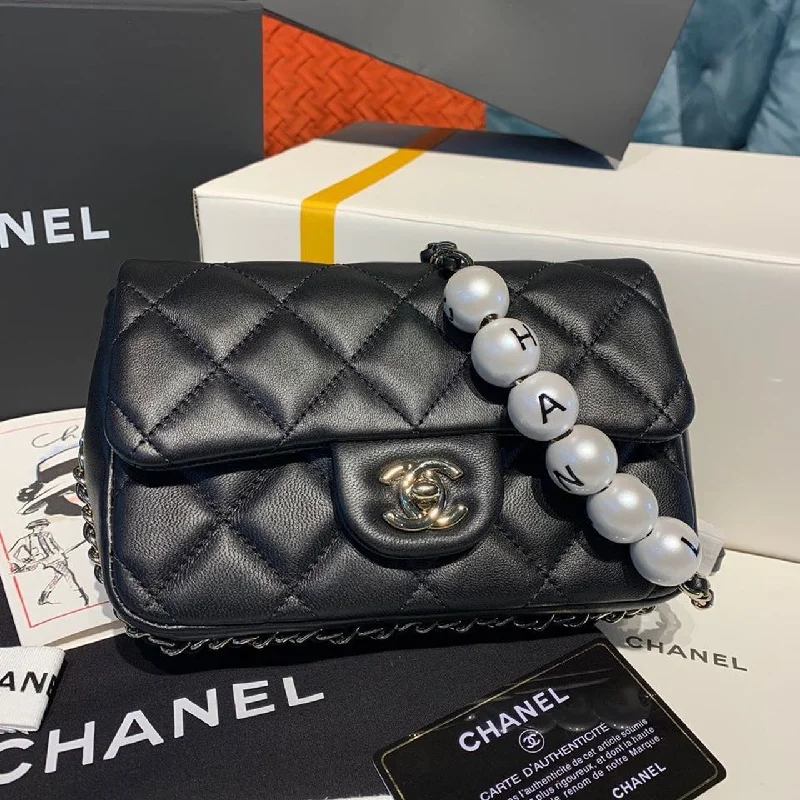 Chanel Flap Pearl Embellished Bag Gold Toned Hardware Black For Women. Women-s HandBag 6.9in/17.5cm