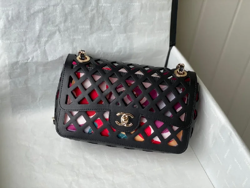 Chanel Perforated See Small Flap Black and Pink Bag For Women 21cm/8in