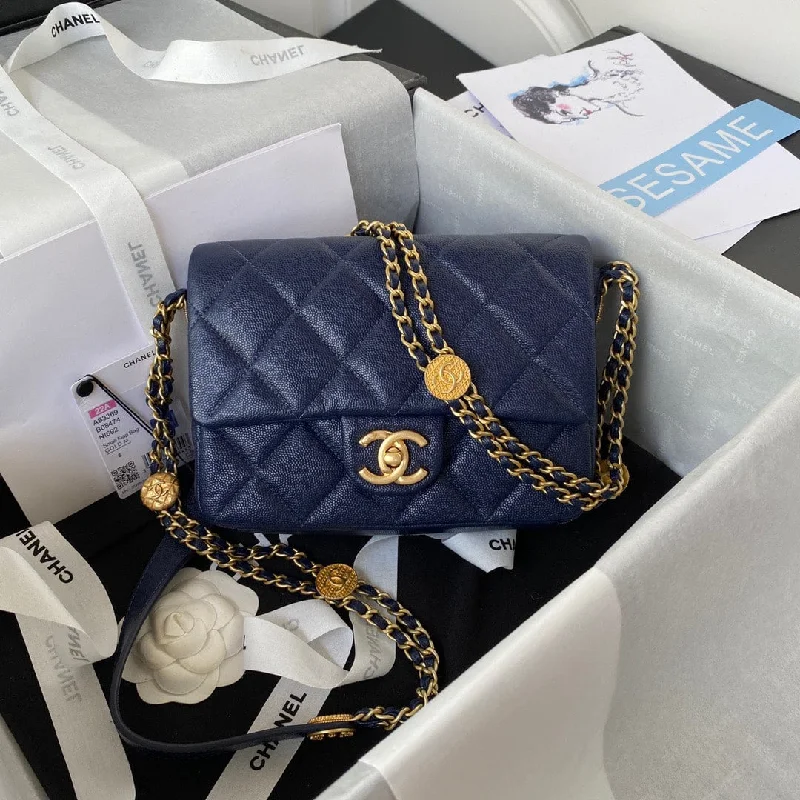 Chanel Small Flap Bag Gold Hardware Grained Shiny Navy Blue For Women. Women-s Handbags. Shoulder Bags 8.3in/23cm AS3369