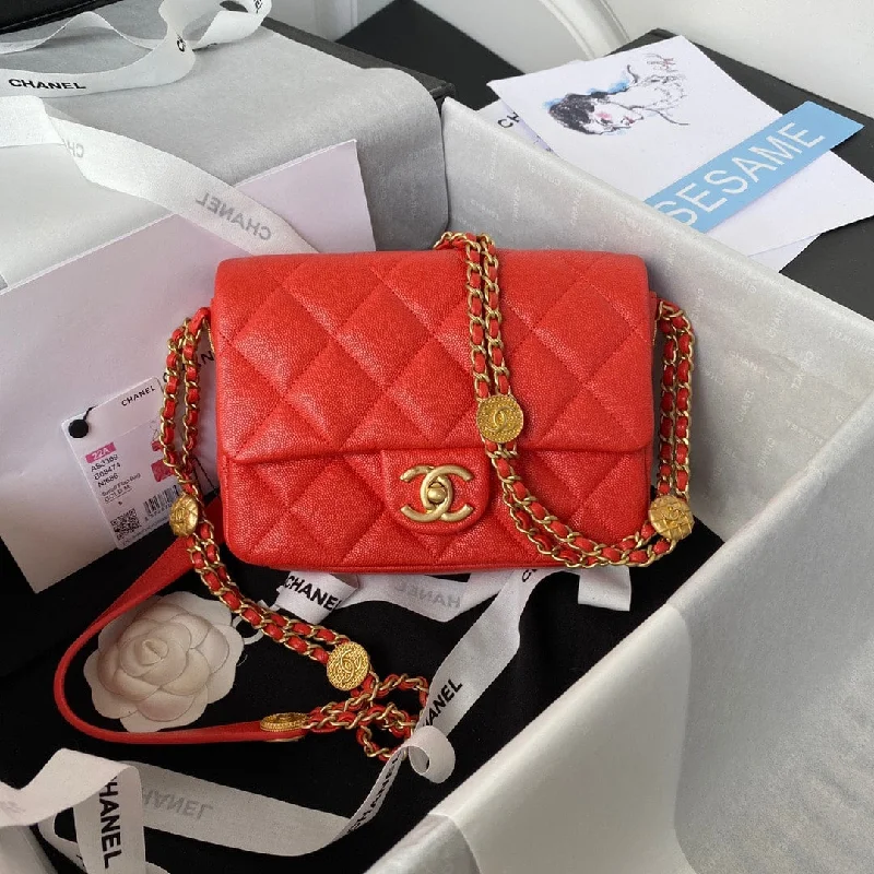 Chanel Small Flap Bag Gold Hardware Grained Shiny Red For Women. Women-s Handbags. Shoulder Bags 8.3in/23cm AS3369