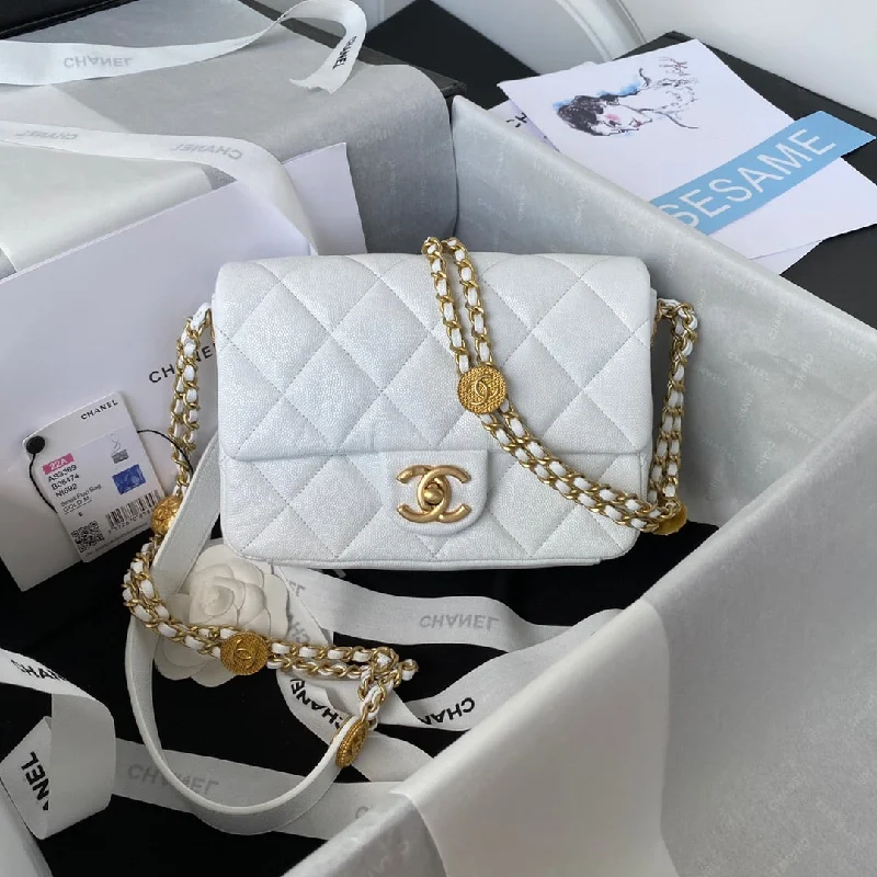 Chanel Small Flap Bag Gold Hardware Grained Shiny White For Women. Women-s Handbags. Shoulder Bags 8.3in/23cm AS3369