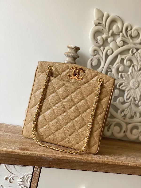 Chanel Vintage Beige Large Quilted Caviar Tote Bag For Women 28cm/11in