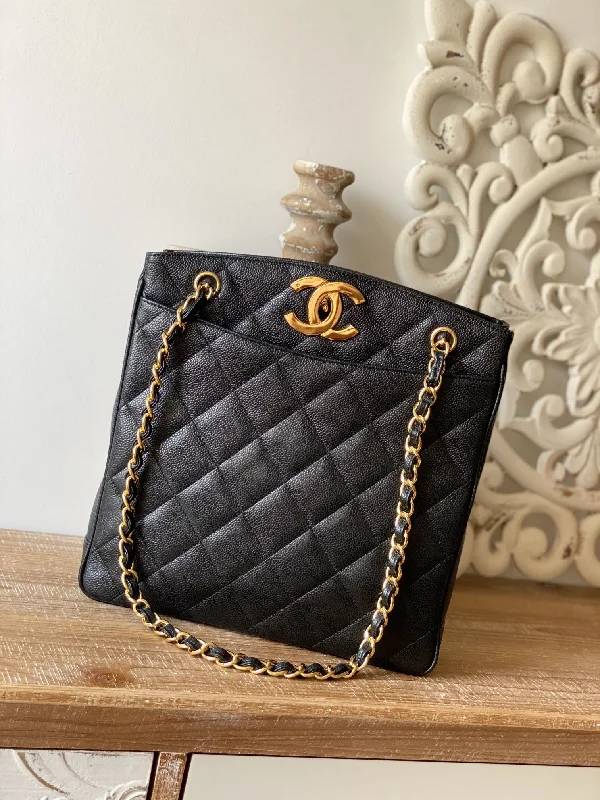 Chanel Vintage Black Large Quilted Caviar Tote Bag For Women 28cm/11in