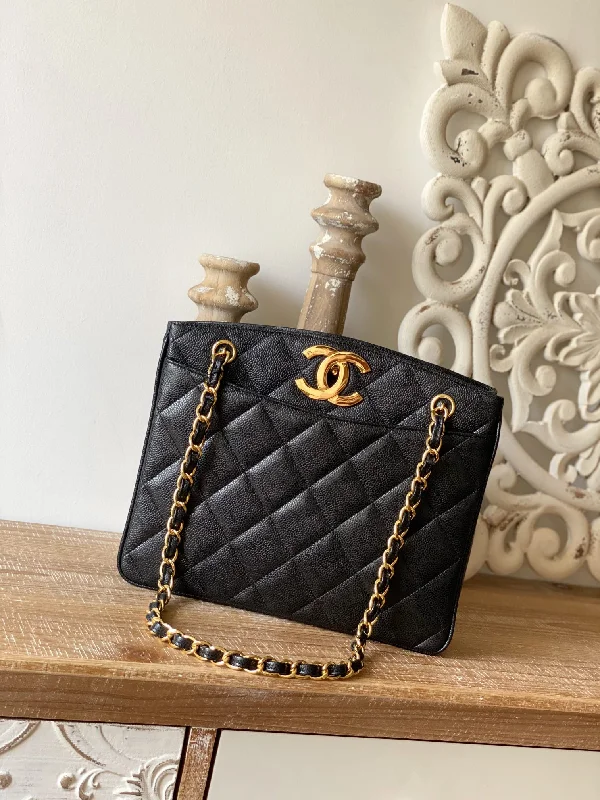 Chanel Vintage Black Medium Quilted Caviar Tote Bag For Women 28cm/11in