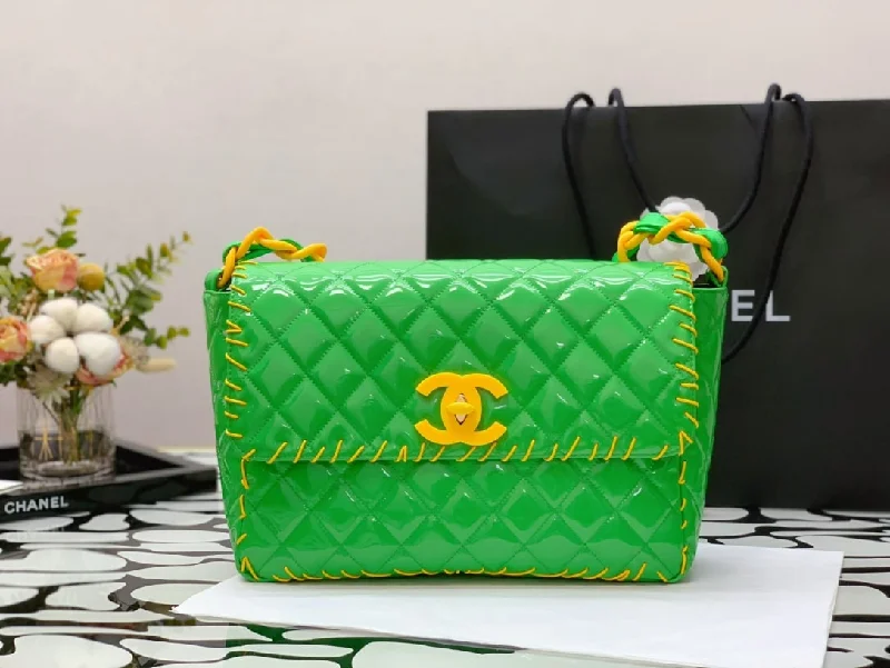 Chanel Vinyl Classic Green and Yellow Shoulder bag For Women 29cm/11.5in