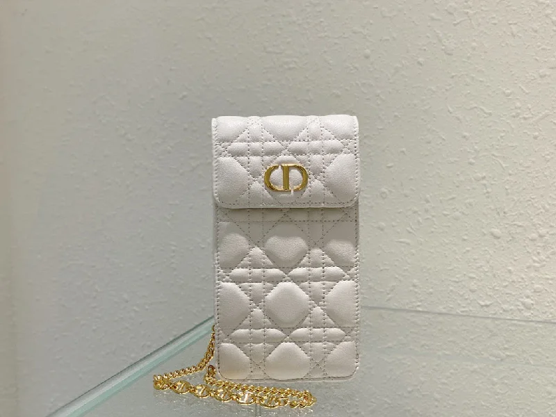 Christian Dior Caro Phone Holder With Chain White. For Women. Women-s Handbags 7.5in/18.5cm CD