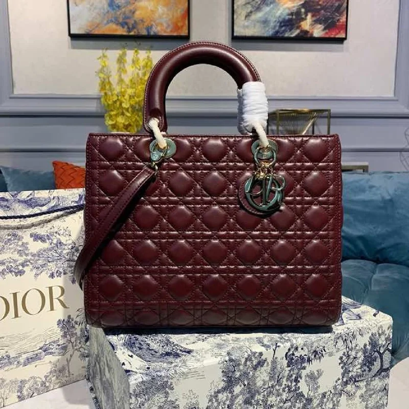 Christian Dior Large Lady Dior Bag Gold Toned Hardware Burgundy Cannage For Women 12.5in/32cm CD