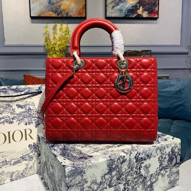 Christian Dior Large Lady Dior Bag Gold Toned Hardware Cherry Red Cannage For Women CD 12.5in/32cm M0566ONGE_M52R