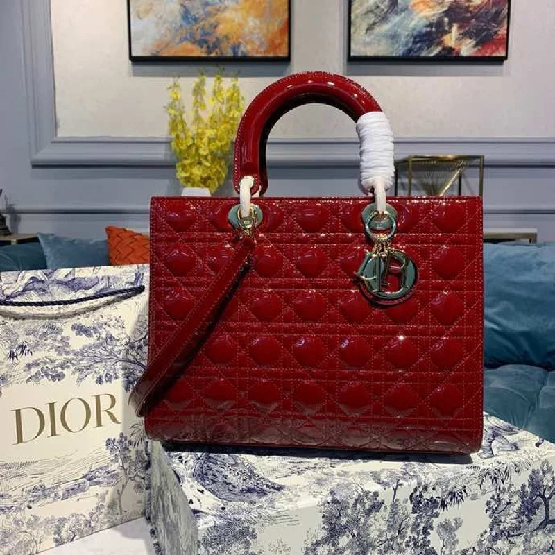 Christian Dior Large Lady Dior Bag Gold Toned Hardware Cherry Red Patent For Women 12.5in/32cm CD