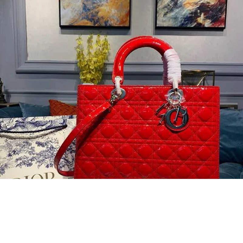 Christian Dior Large Lady Dior Bag Gold Toned Hardware Red Patent For Women 12.5in/32cm CD