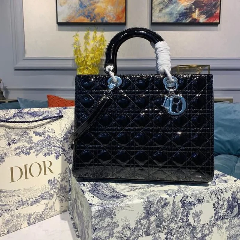 Christian Dior Large Lady Dior Bag Silver Hardware Black Patent For Women 12.5in/32cm CD M0566OWCB_M900