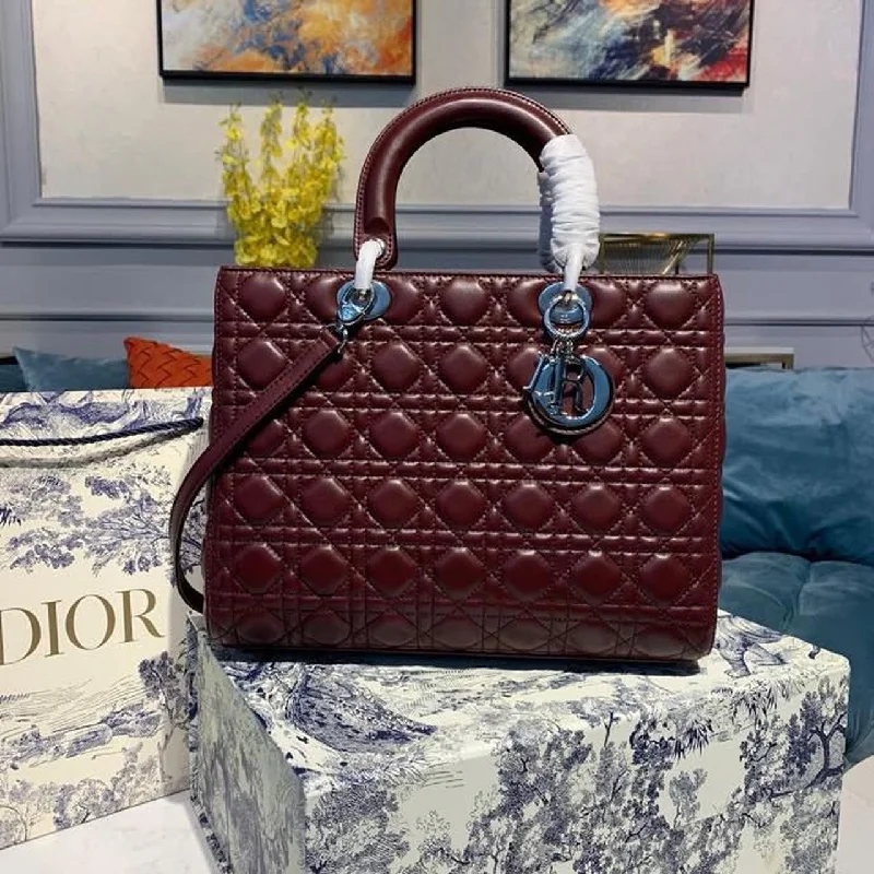 Christian Dior Large Lady Dior Bag Silver Hardware Burgundy Cannage For Women 12.5in/32cm CD