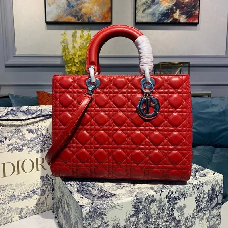 Christian Dior Large Lady Dior Bag Silver Hardware Cherry Red Cannage For Women CD 12.5in/32cm M0566ONGE_M52R