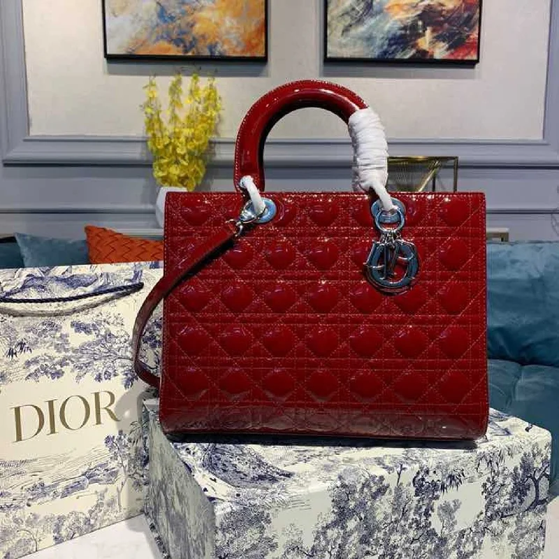 Christian Dior Large Lady Dior Bag Silver Hardware Cherry Red Patent For Women 12.5in/32cm CD