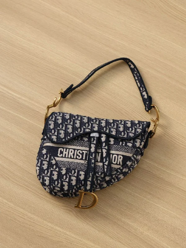 Christian Dior Logo Saddle Bag Oblique Embroidered Canvas Multicolor Black For Women 25cm/10in CD