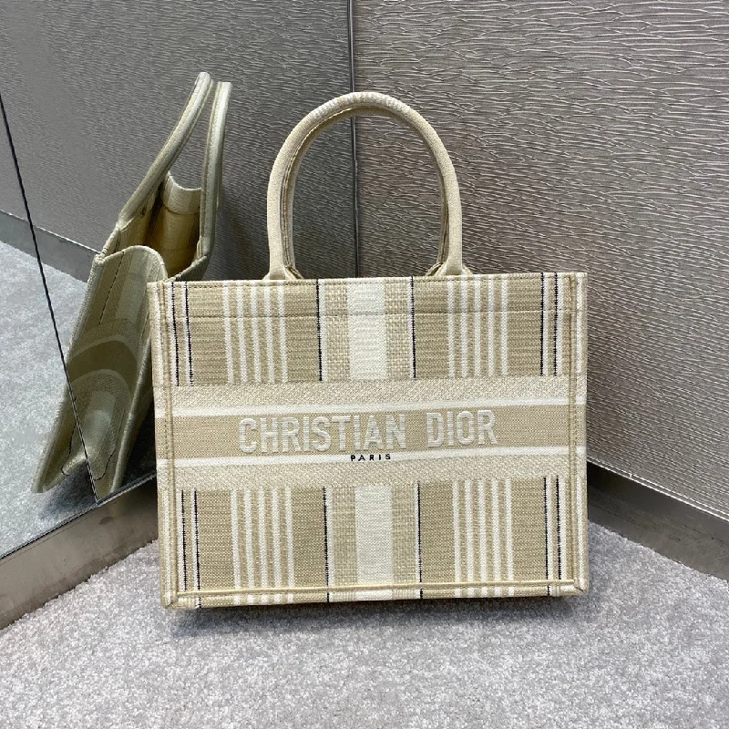 Christian Dior Medium Dior Book Tote Beige Stripes Embroidery Bag For Women 14in/36cm CD