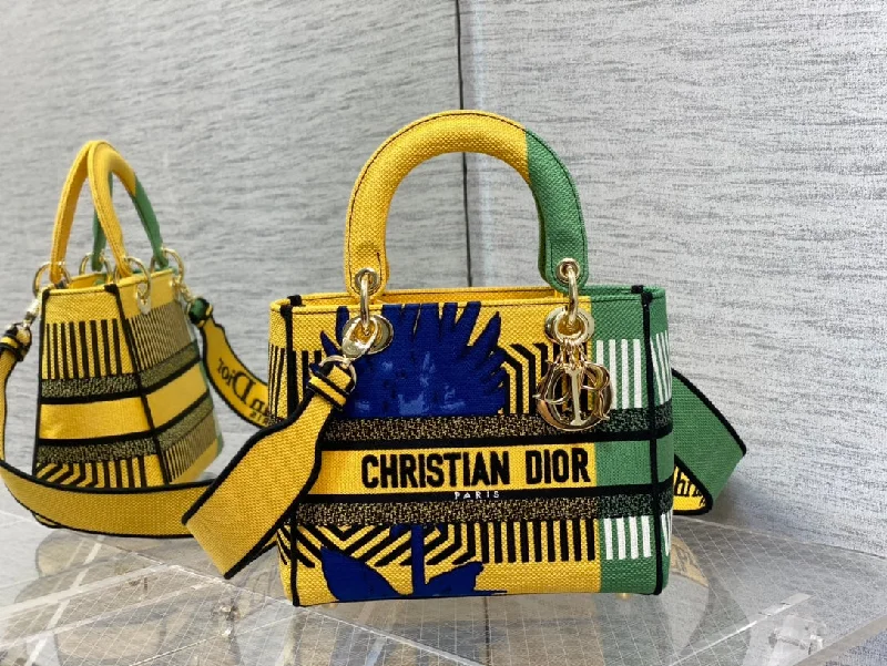 Christian Dior Medium Lady D-Lite Bag D-Flower Pop Embroidery. Bright Yellow/Green. For Women Women-s Handbags. 24cm CD M0565OROO_M886