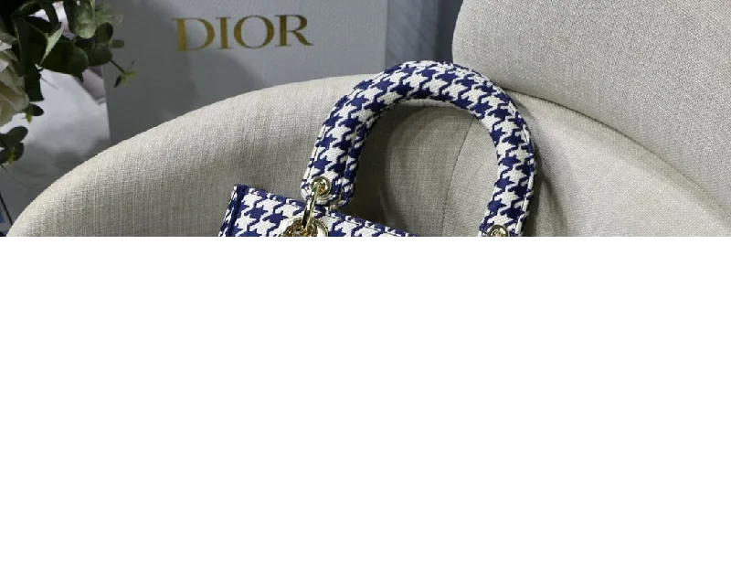 Christian Dior Medium Lady D-Lite Bag Houndstooth Embroidery. Blue/White. For Women Women-s Handbags. Shoulder Bags. Crossbody Bags. 24cm CD