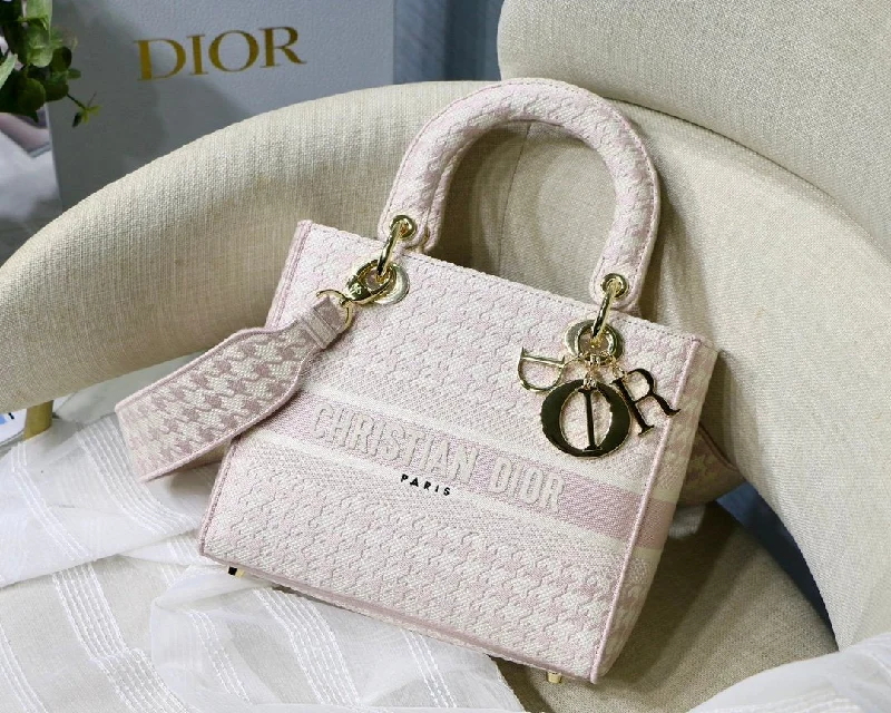 Christian Dior Medium Lady D-Lite Bag Houndstooth Embroidery. Pink/White. For Women Women-s Handbags. Shoulder Bags. Crossbody Bags. 24cm CD