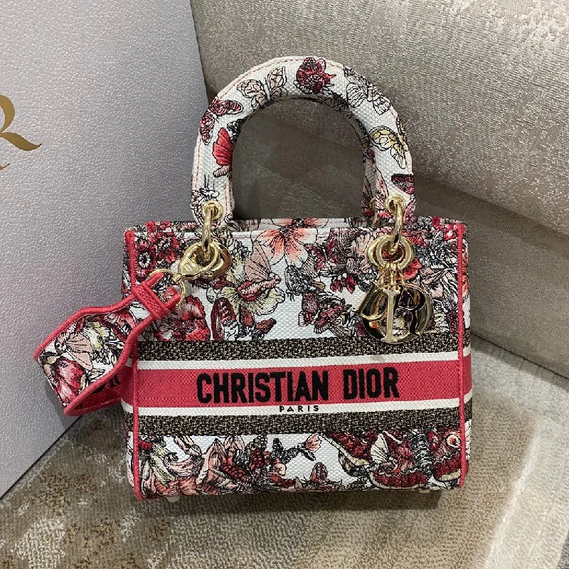 Christian Dior Medium Lady D-Lite Bag Multicolor Butterfly Embroidery. Red/Latte. For Women Women-s Handbags. 24cm CD M0565ORHQ_M884