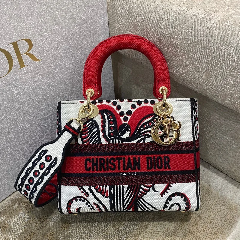 Christian Dior Medium Lady D-Lite Bag Multicolor Cupidon Embroidery. Red/Latte. For Women Women-s Handbags. 24cm CD M0565OTQG_M941