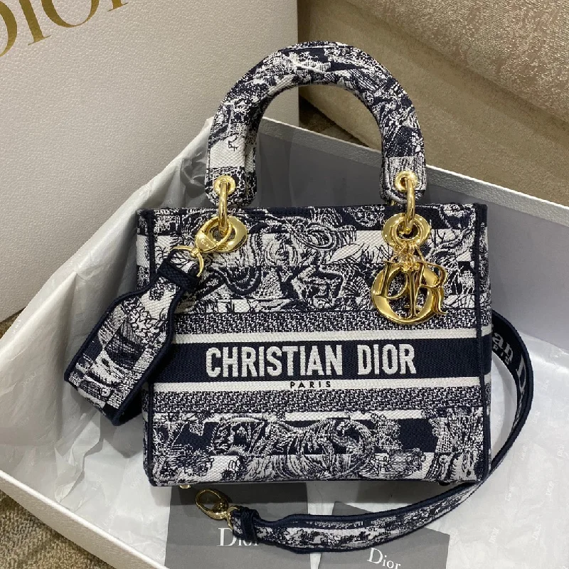 Christian Dior Medium Lady D-Lite Bag Toile de Jouy Stripes Embroidery. Navy Blue. For Women Women-s Handbags. 24cm CD M0565ORLP_M928