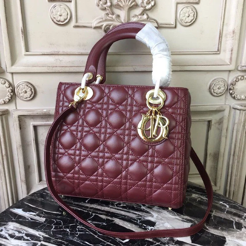 Christian Dior Medium Lady Dior Bag Gold Toned Hardware Burgundy For Women 24cm/9in CD