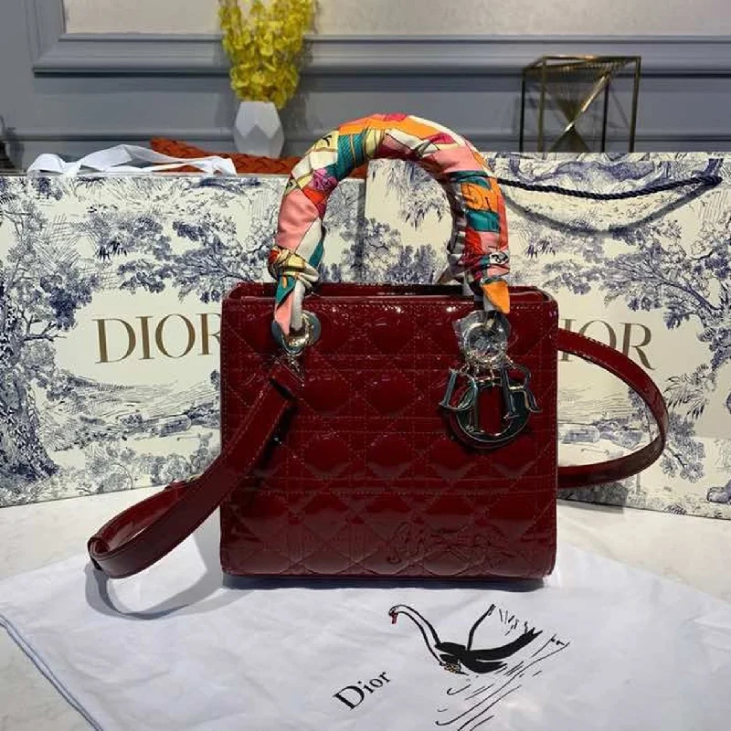 Christian Dior Medium Lady Dior Bag Gold Toned Hardware Burgundy Patent For Women 9.5in/24cm CD