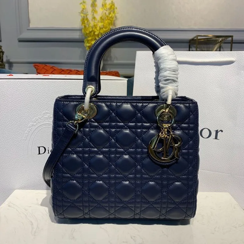 Christian Dior Medium Lady Dior Bag Gold Toned Hardware Navy Blue For Women 9.5in/24cm CD