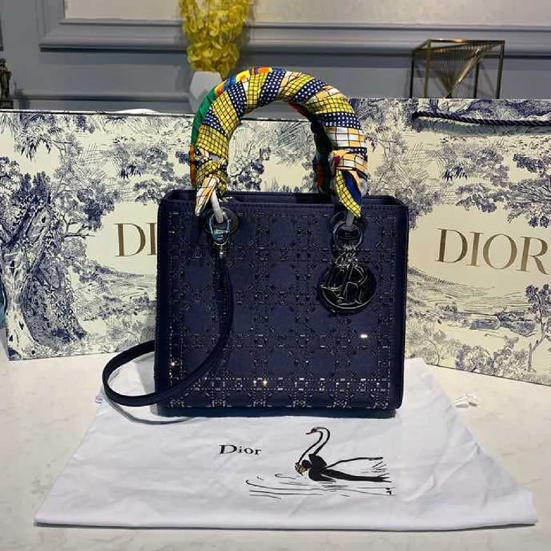 Christian Dior Medium Lady Dior Bag Silver Hardware Bead Embroidered Navy Blue For Women 9.5in/24cm CD